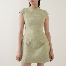 Model wearing Odd Muse Tweed Flap Pocket Mini Dress in green, featuring cap sleeves, high neckline, flap pockets and fitted waist