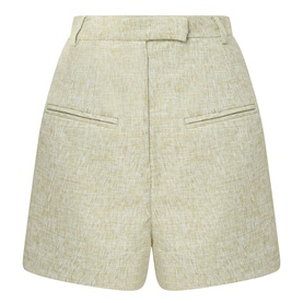 Odd Muse green tweed tailored shorts with welt pockets, belt loops, and a high-rise waist, flat lay back view