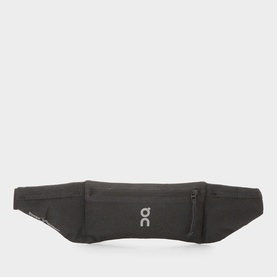 On Running black belt bag with zip front pocket and silver logo, stretch elastane body and top zip closure