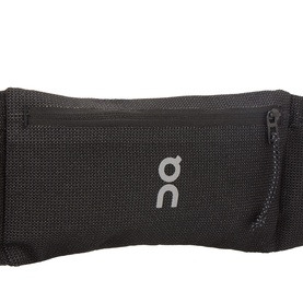 On Running black running belt bag with zip pocket and silver logo, lightweight stretch fabric construction