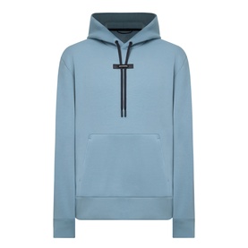 On Running hoodie in Agave blue with black drawstring, kangaroo pocket, and branded tab detail at neckline