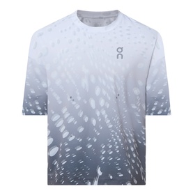 On Running performance T-shirt in Espresso, white-grey graphic dot print, crew neck, short sleeves, On logo chest detail
