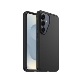 Black smartphone protective case with matte finish, raised edges, and triple camera cutout, shown on Samsung device