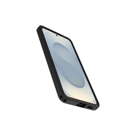 Black smartphone protective case shown at an angle, fitted to a device with visible screen and textured matte finish sides
