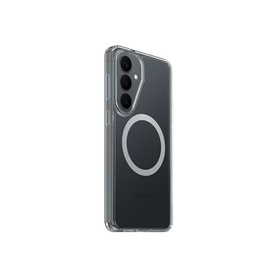 Otterbox clear phone case with MagSafe-compatible ring, transparent back panel and raised camera surround, side angle view.