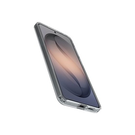 Otterbox clear phone case shown at an angle, transparent slim design with visible camera cutout and side buttons