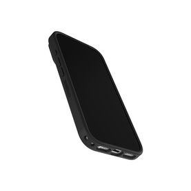Otterbox black smartphone case with textured sides, visible charging port and button cutouts, angled flat-lay view