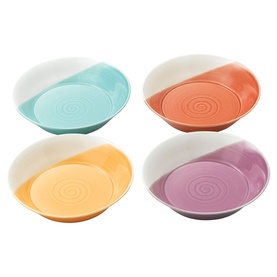 Royal Doulton set of 4 multicoloured ceramic bowls in teal, orange, yellow and lilac with embossed spiral detail and white interior