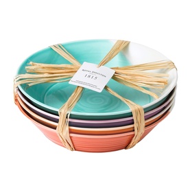 Royal Doulton multicolour ceramic bowl set in stacked presentation, tied with natural raffia ribbon, showing teal, coral, purple and white bowls.
