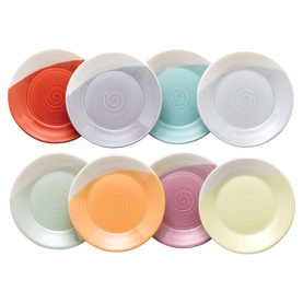 Royal Doulton multi-colour ceramic side plates set of eight, each with embossed spiral detail, shown in assorted pastel and bold shades