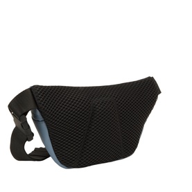 Rains Bum Bag in Blue Dusk, black mesh exterior with adjustable strap, structured crescent silhouette