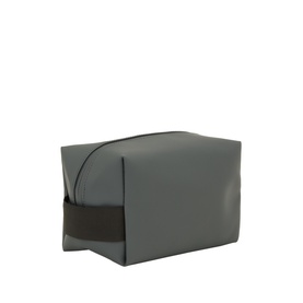 Rains Wash Bag in Dark Grey with black contrast panel, structured boxy silhouette and top zip closure, polyurethane-coated finish