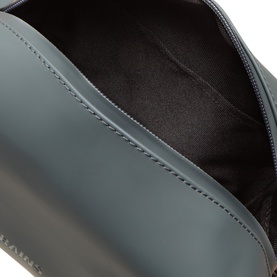 Rains Wash Bag in Dark Grey, open top view showing black interior lining and structured polyurethane-coated exterior