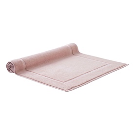 Christys Bath Towelling mat in Petal Pink, rolled and flat view showing tonal border detail
