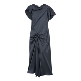 Reiss slate grey satin midi dress with asymmetric neckline, short flutter sleeve, and ruched front detail