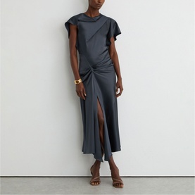 Model wearing Reiss slate grey midi dress with asymmetric ruffle shoulder, ruched front detail, and front split, styled with strappy heeled sandals.