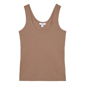 Reiss taupe neutral ribbed sleeveless vest top with scoop neckline and wide shoulder straps