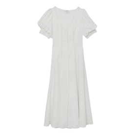 Reiss white midi dress with puff sleeves, square neckline, and flared skirt with pintuck detailing