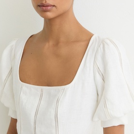 Model wearing Reiss white dress with square neckline, puff sleeves, and ladder lace trim detail at front