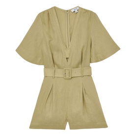 Reiss green linen-look playsuit with V-neckline, flutter sleeves, belted waist, and short length