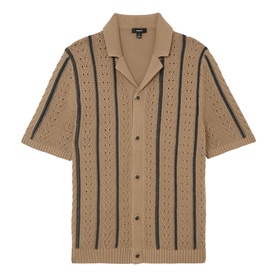 Reiss light camel open-knit short-sleeve shirt with vertical stripe detail, button-front placket, and camp collar.