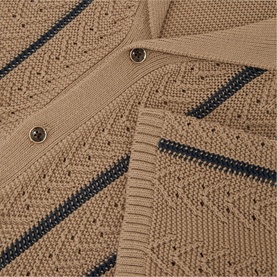 Reiss light camel open-knit cardigan with navy stripe detail and brown button fastening, close-up texture shot