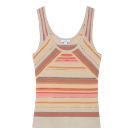 Reiss beige striped knit tank top with scoop neck, multicolour horizontal stripe detail in coral, orange and taupe tones