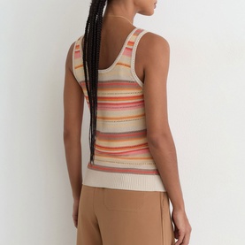 Model wearing Reiss beige multicolour stripe knit vest top, back view, styled with tan trousers.
