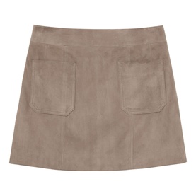 Reiss beige suede-effect mini skirt with A-line silhouette and two front patch pockets
