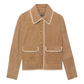 Mint Velvet cream suede jacket with white crochet trim detailing, button front, and flap pockets
