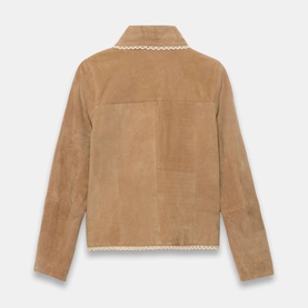 Tan suede jacket with cream whipstitch trim detailing along collar and hem, rear view showing panelled construction