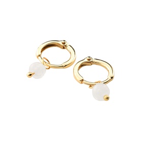 Juvi gold hoop earrings with white spherical bead drop pendants, small circular hinged design