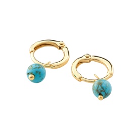 Juvi gold hoop earrings with turquoise ball drop pendants, polished gold-tone hardware, pair shown on white background