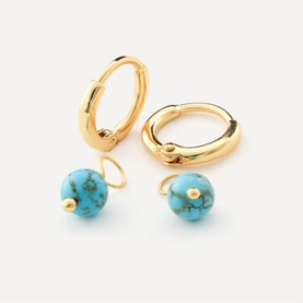 Juvi gold hoop earrings with turquoise stone drop pendants, polished gold tone hoops with blue marbled bead charms
