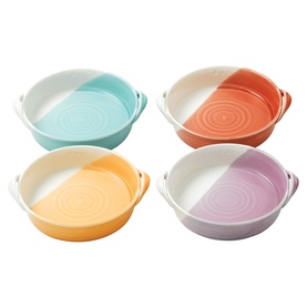 Royal Doulton set of 4 round ceramic dishes with handles in multi pastel tones: mint, coral, yellow, and lilac
