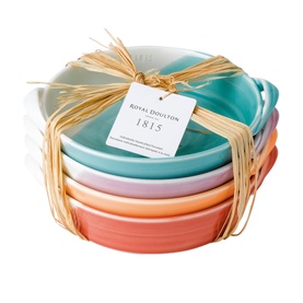 Royal Doulton 1815 set of four ceramic side plates in multi pastel colours, tied together with raffia ribbon and gift tag.
