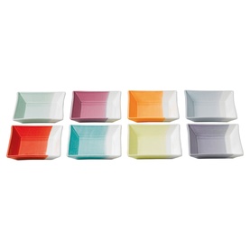 Royal Doulton multicolour square ceramic dishes, set of 8 in assorted colours including teal, pink, orange, yellow and grey.