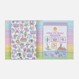 Tiger Tribe How To Draw set open, showing illustrated sticker sheet and rainbow-striped instruction booklet with cartoon characters