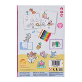 Tiger Tribe arts and crafts colouring set, back of packaging showing animal character designs, activity sheets and coloured pencils included