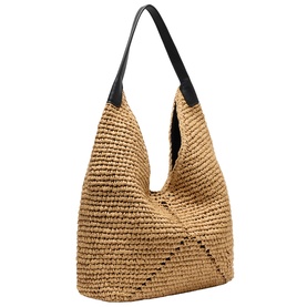 Whistles beige woven straw hobo bag with black leather shoulder strap and structured crescent silhouette