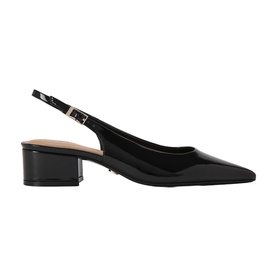 Carvela black patent slingback court shoe with pointed toe, gold buckle strap detail, and block heel.