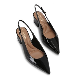 Carvela black patent leather pointed-toe slingback heels with low block heel and nude insole, top-down view
