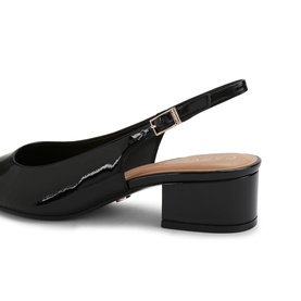 Carvela black patent slingback block heel shoes with gold buckle fastening and square toe, shown from side angle