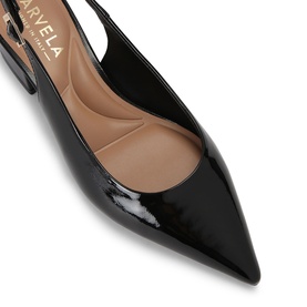 Carvela black patent pointed-toe slingback heels, close-up showing glossy upper and nude insole detail.
