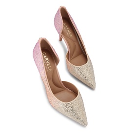 Carvela multi-tone glitter stiletto heels with pink ombre effect, pointed toe, and cut-out sides on white background.