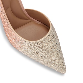Carvela multi-tone crystal-embellished pointed-toe court shoe, close-up showing rose gold and champagne rhinestone detail