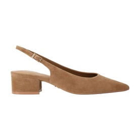 Carvela brown suede pointed-toe slingback court shoe with low block heel and gold buckle fastening