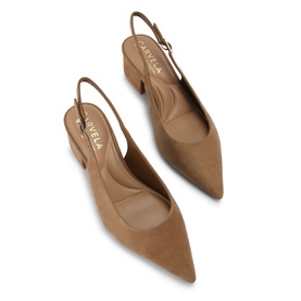 Carvela brown suede pointed-toe slingback heels with buckle ankle strap and block heel, shown as a pair from above.