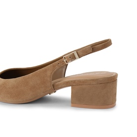 Carvela brown suede slingback block heel shoe, buckle strap detail, tan sole, rear three-quarter view