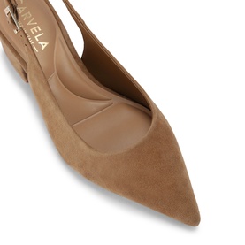 Carvela brown suede pointed-toe slingback heels, close-up detail showing toe box and cut-out sides